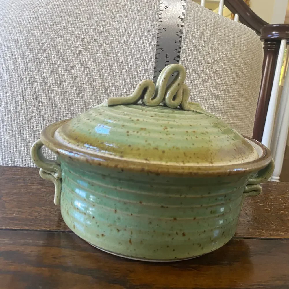 Signed Studio Pottery Green Casserole w Lid 8.5” Diameter